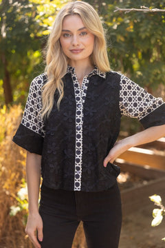 Floral Textured Contrast Print Button - Up Shirt - Lush Lemon - Women&