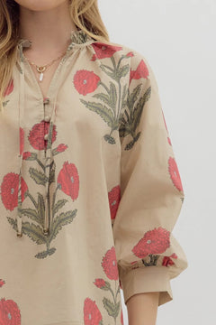 Floral Tie Neck Bubble Sleeve Top - Lush Lemon - Women&