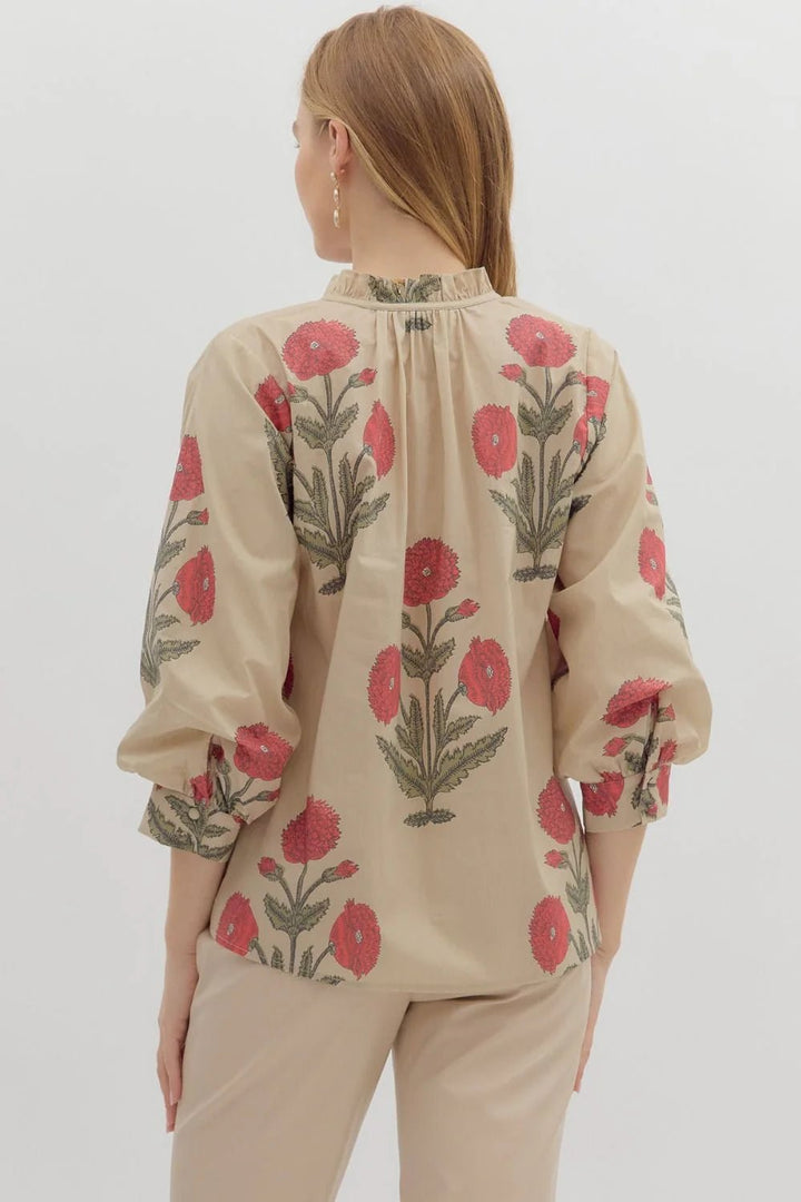 Floral Tie Neck Bubble Sleeve Top - Lush Lemon - Women's Clothing - Entro - 56217081018781