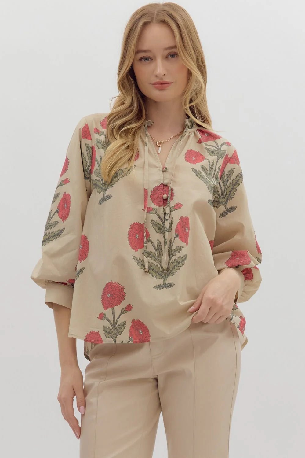 Floral Tie Neck Bubble Sleeve Top - Lush Lemon - Women's Clothing - Entro - 56217081018781