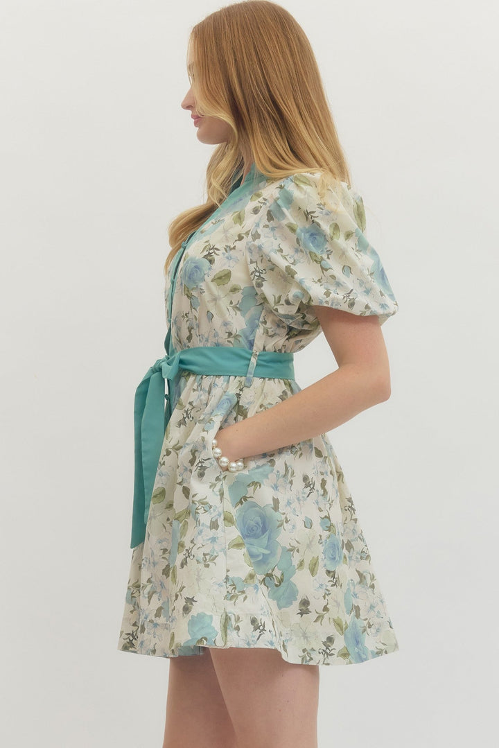 Floral Tie - Waist Mini Dress - Lush Lemon - Women's Clothing - Entro - 16912851071869