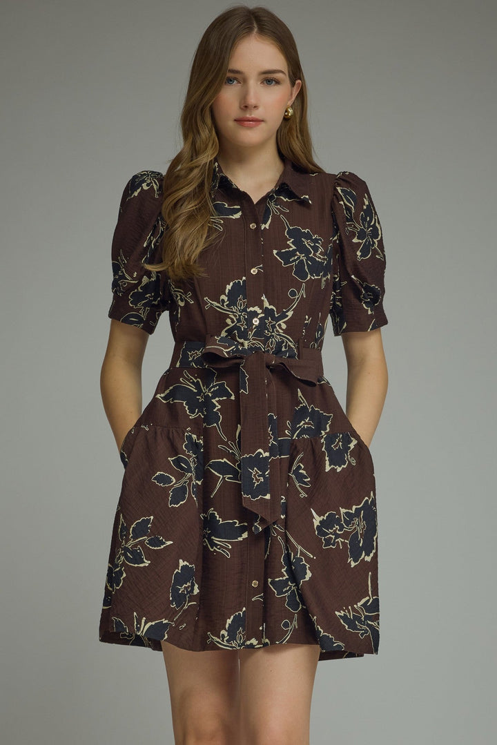 Floral Tie Waist Mini Dress - Lush Lemon - Women's Clothing - Entro - 19731381057853