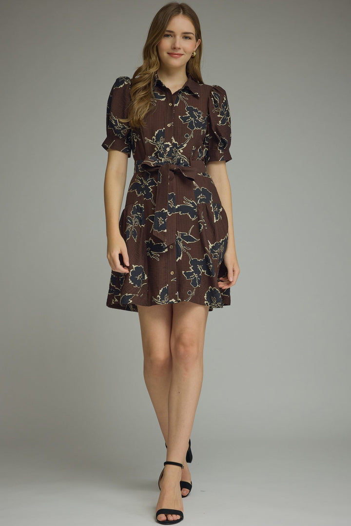 Floral Tie Waist Mini Dress - Lush Lemon - Women's Clothing - Entro - 19731381057853