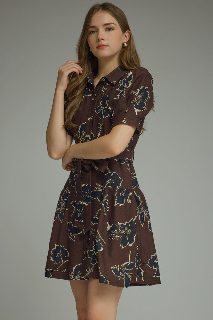 Floral Tie Waist Mini Dress - Lush Lemon - Women's Clothing - Entro - 19731381057853