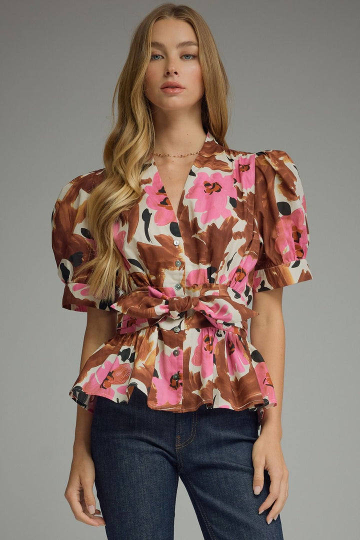 Floral Tie Waist Puff Sleeve Top - Lush Lemon - Women's Clothing - Entro - 42504411078685