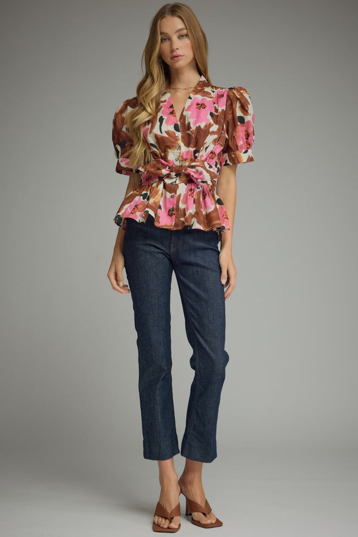 Floral Tie Waist Puff Sleeve Top - Lush Lemon - Women's Clothing - Entro - 42504411078685