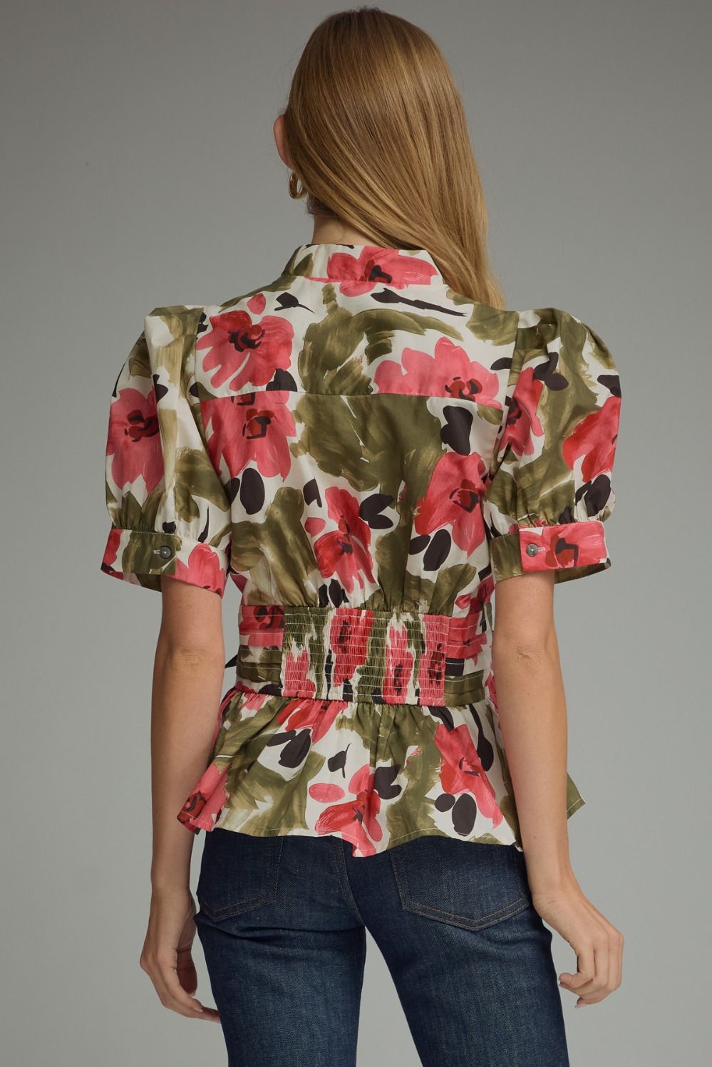 Floral Tie Waist Puff Sleeve Top - Lush Lemon - Women's Clothing - Entro - 42504411376989