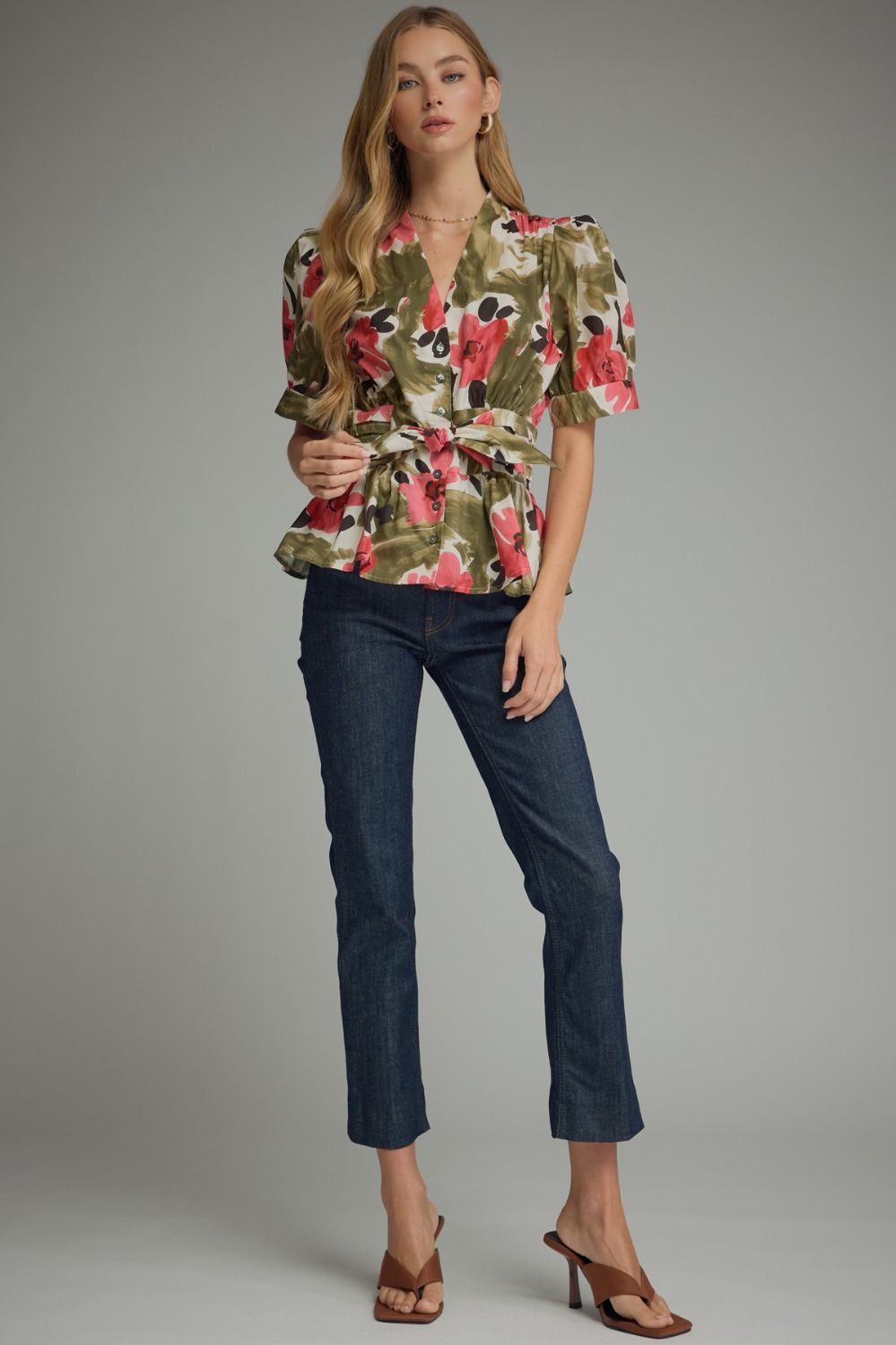 Floral Tie Waist Puff Sleeve Top - Lush Lemon - Women's Clothing - Entro - 42504411376989