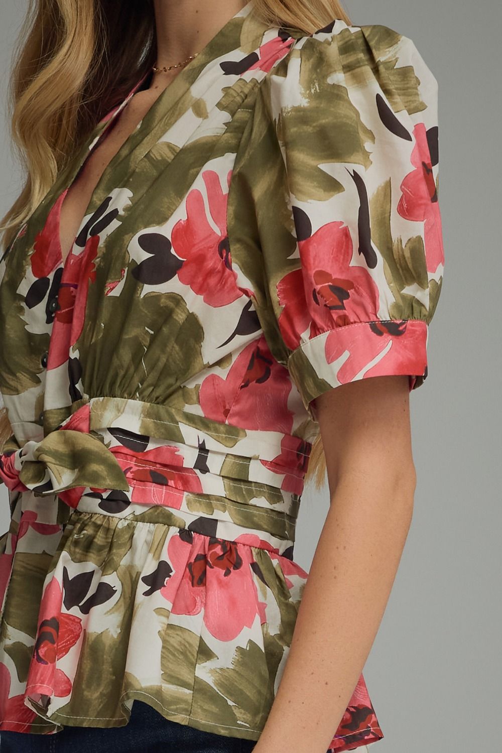 Floral Tie Waist Puff Sleeve Top - Lush Lemon - Women's Clothing - Entro - 42504411376989