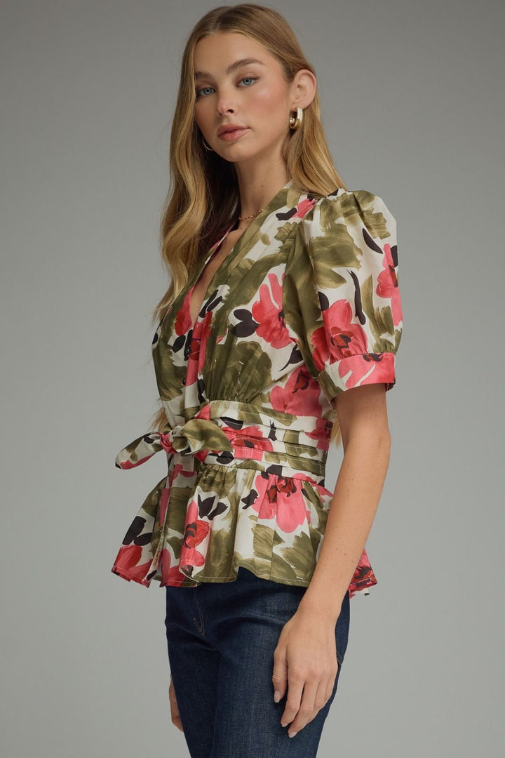 Floral Tie Waist Puff Sleeve Top - Lush Lemon - Women's Clothing - Entro - 42504411376989