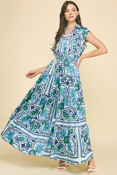 Floral Tiered Maxi Dress W/Drawstring Waist - Lush Lemon - Women&