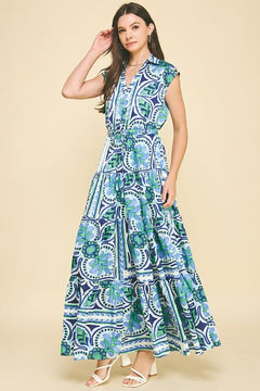 Floral Tiered Maxi Dress W/Drawstring Waist - Lush Lemon - Women&