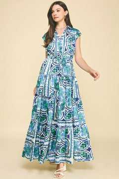 Floral Tiered Maxi Dress W/Drawstring Waist - Lush Lemon - Women&