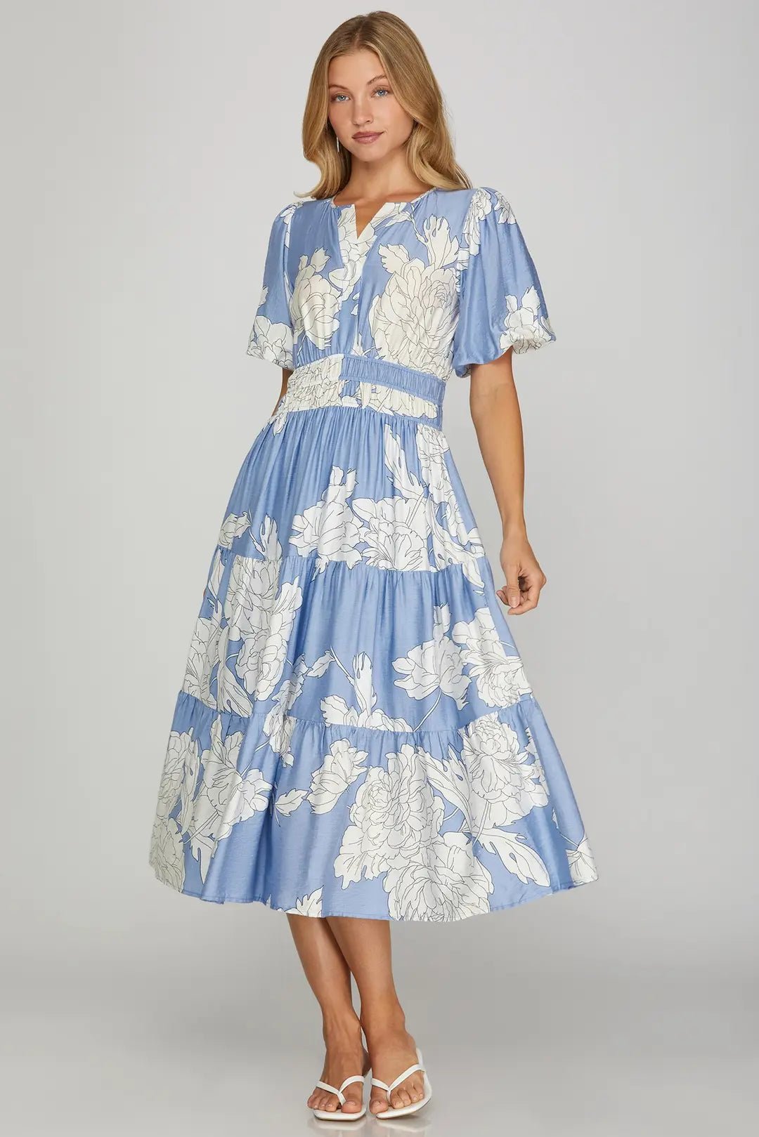 Floral Tiered Midi Dress W/ Bubble Sleeve - Lush Lemon - Women's Clothing - She + Sky - 51452551081949