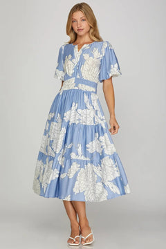 Floral Tiered Midi Dress W/ Bubble Sleeve - Lush Lemon - Women&