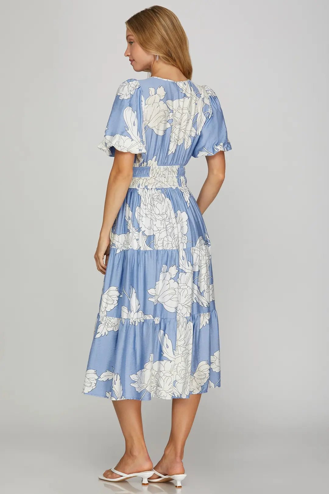 Floral Tiered Midi Dress W/ Bubble Sleeve - Lush Lemon - Women's Clothing - She + Sky - 51452551081949