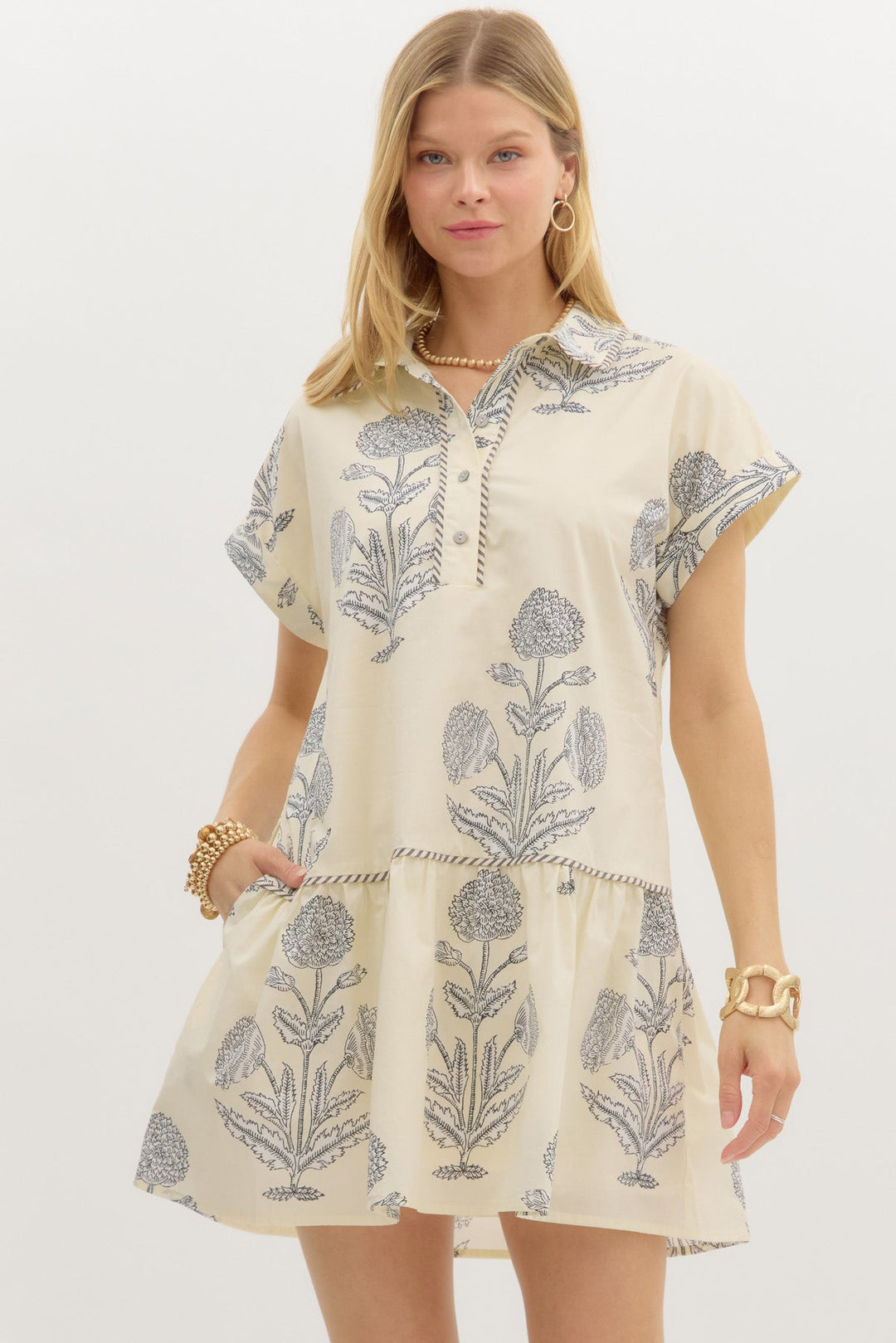 Floral Tiered Poplin Dress - Lush Lemon - Women's Clothing - Entro - 83032042829245