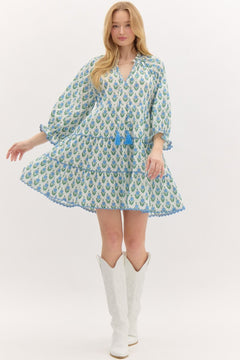 Floral Tiered Scallop Trim Mini Dress - Lush Lemon - Women&