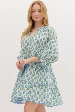 Floral Tiered Scallop Trim Mini Dress - Lush Lemon - Women&