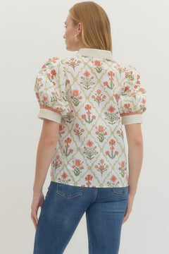 Floral Trim Puff Sleeve Top - Lush Lemon - Women&