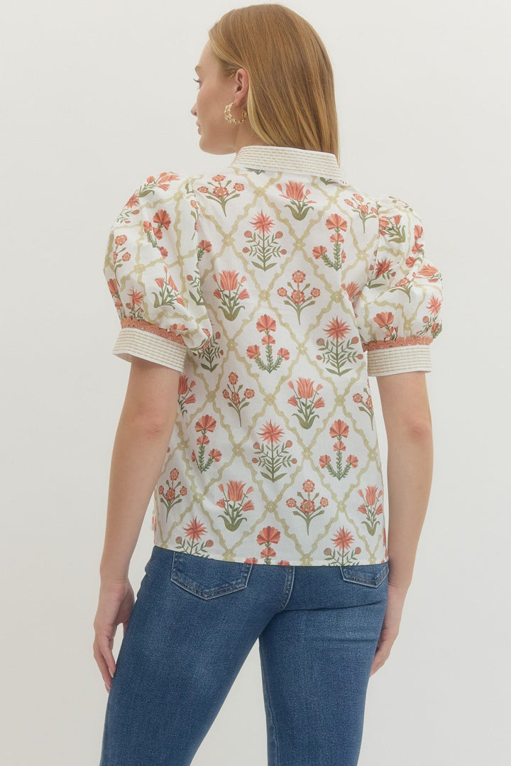 Floral Trim Puff Sleeve Top - Lush Lemon - Women's Clothing - Entro - 45305011051421