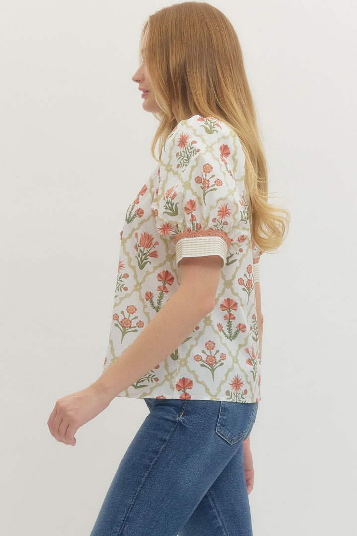 Floral Trim Puff Sleeve Top - Lush Lemon - Women's Clothing - Entro - 45305011051421