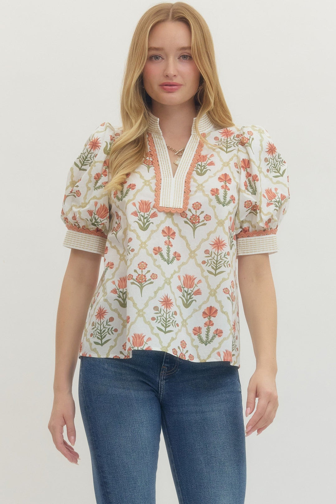 Floral Trim Puff Sleeve Top - Lush Lemon - Women's Clothing - Entro - 45305011051421