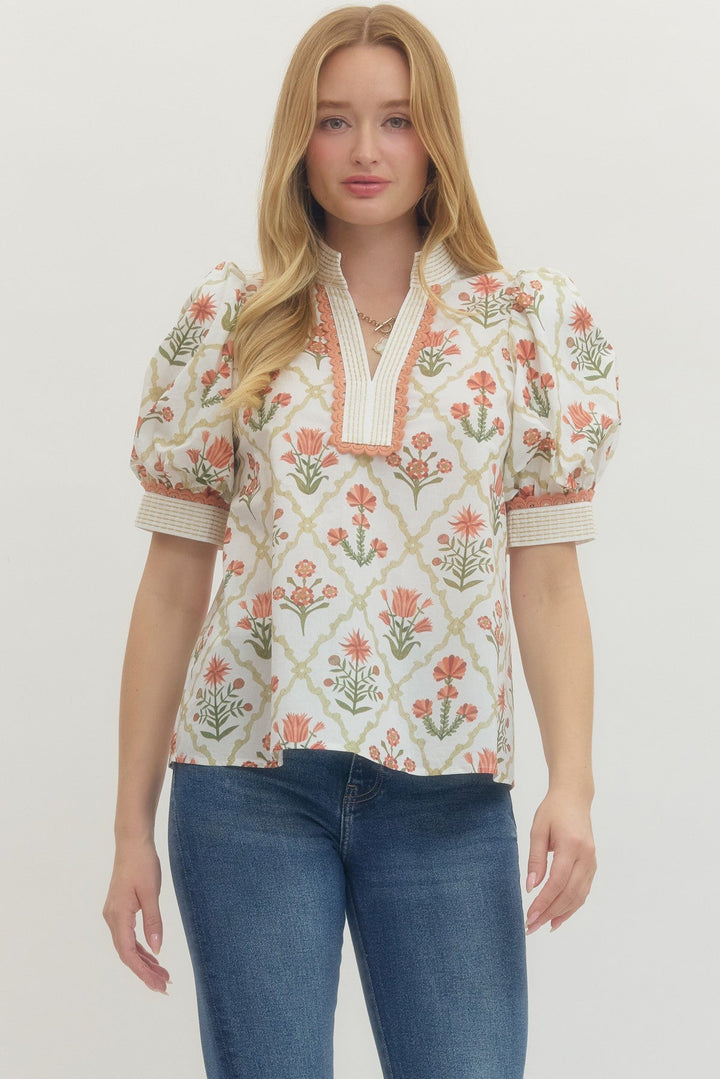 Floral Trim Puff Sleeve Top - Lush Lemon - Women's Clothing - Entro - 45305011051421