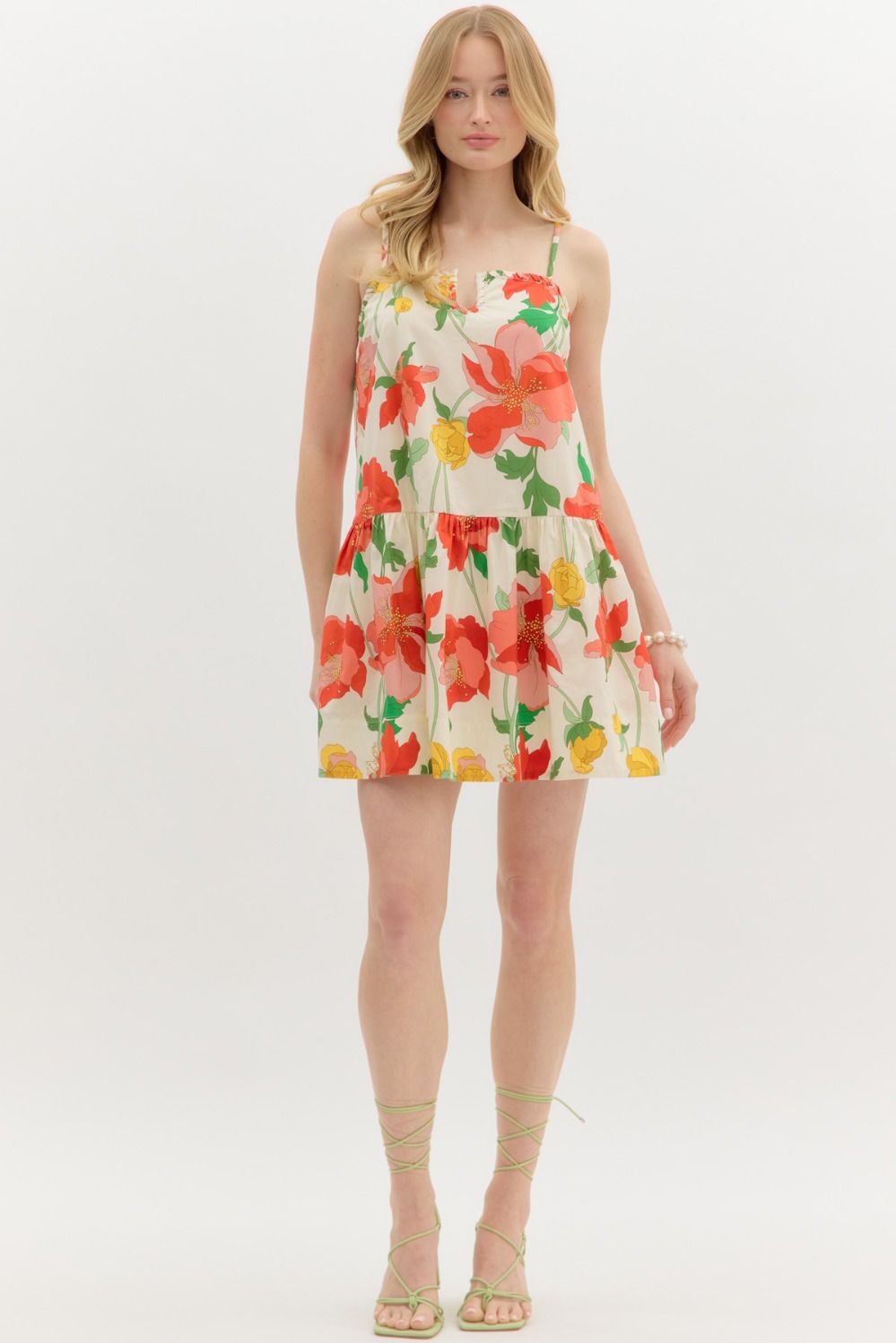 Floral U - Neck Mini Dress W/Pockets - Lush Lemon - Women's Clothing - Entro - 23881151059485