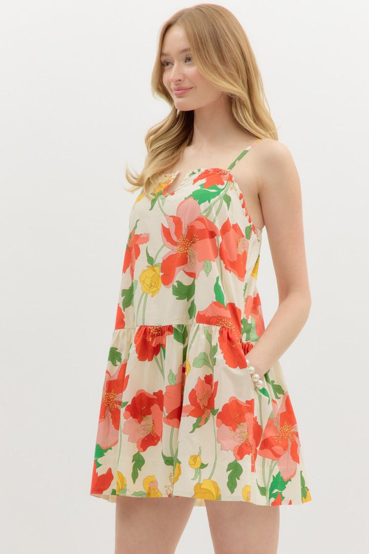 Floral U - Neck Mini Dress W/Pockets - Lush Lemon - Women's Clothing - Entro - 23881151059485