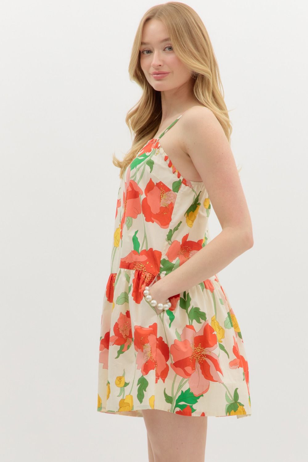 Floral U - Neck Mini Dress W/Pockets - Lush Lemon - Women's Clothing - Entro - 23881151059485