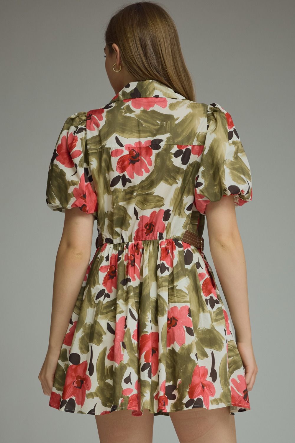 Floral V-Neck Puff Sleeve Mini Dress - Lush Lemon - Women's Clothing - Entro - 13542301080541
