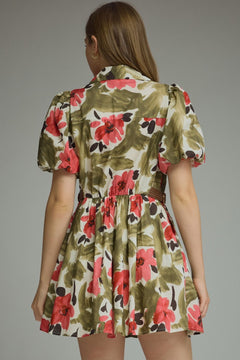 Floral V-Neck Puff Sleeve Mini Dress - Lush Lemon - Women&
