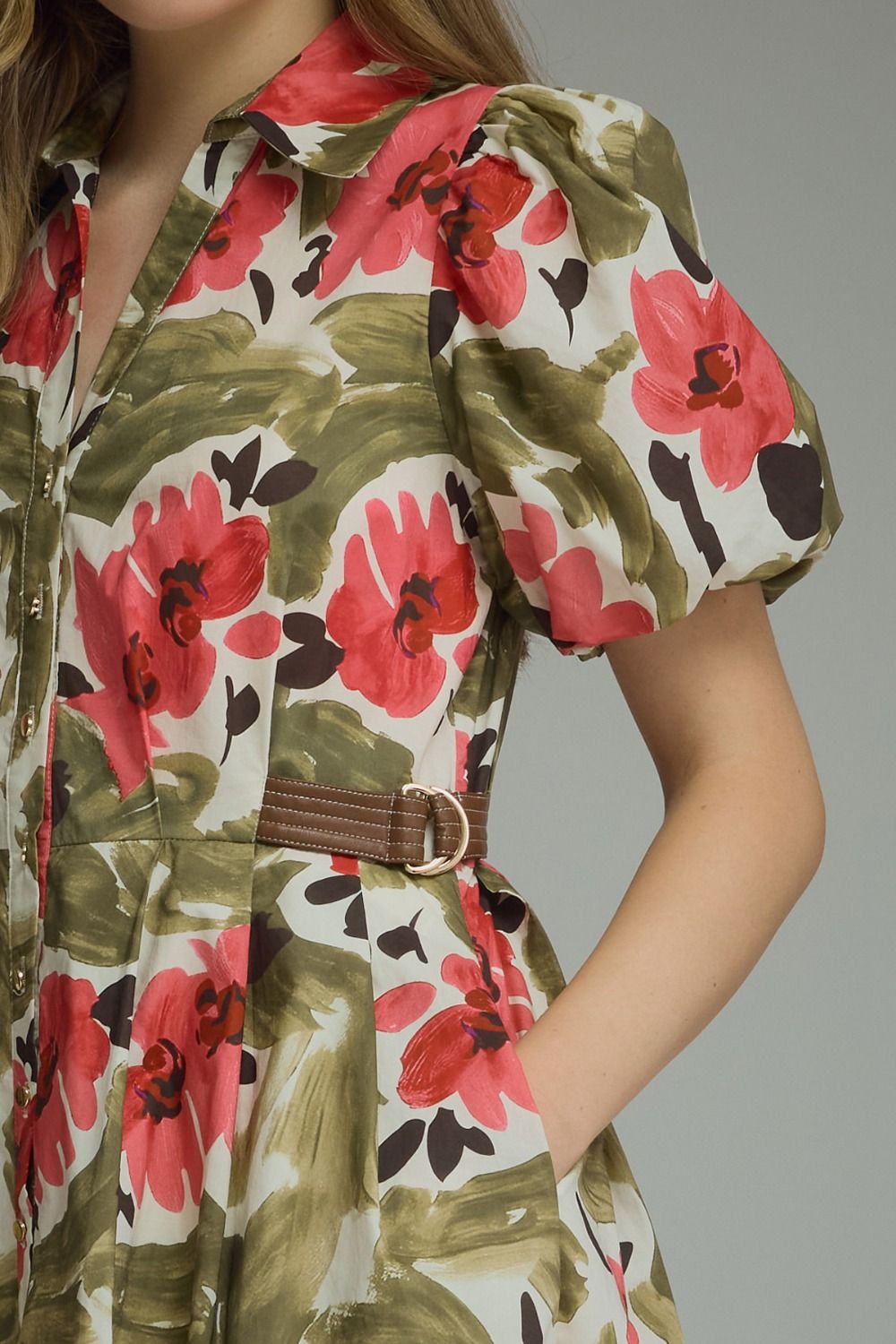 Floral V-Neck Puff Sleeve Mini Dress - Lush Lemon - Women's Clothing - Entro - 13542301080541