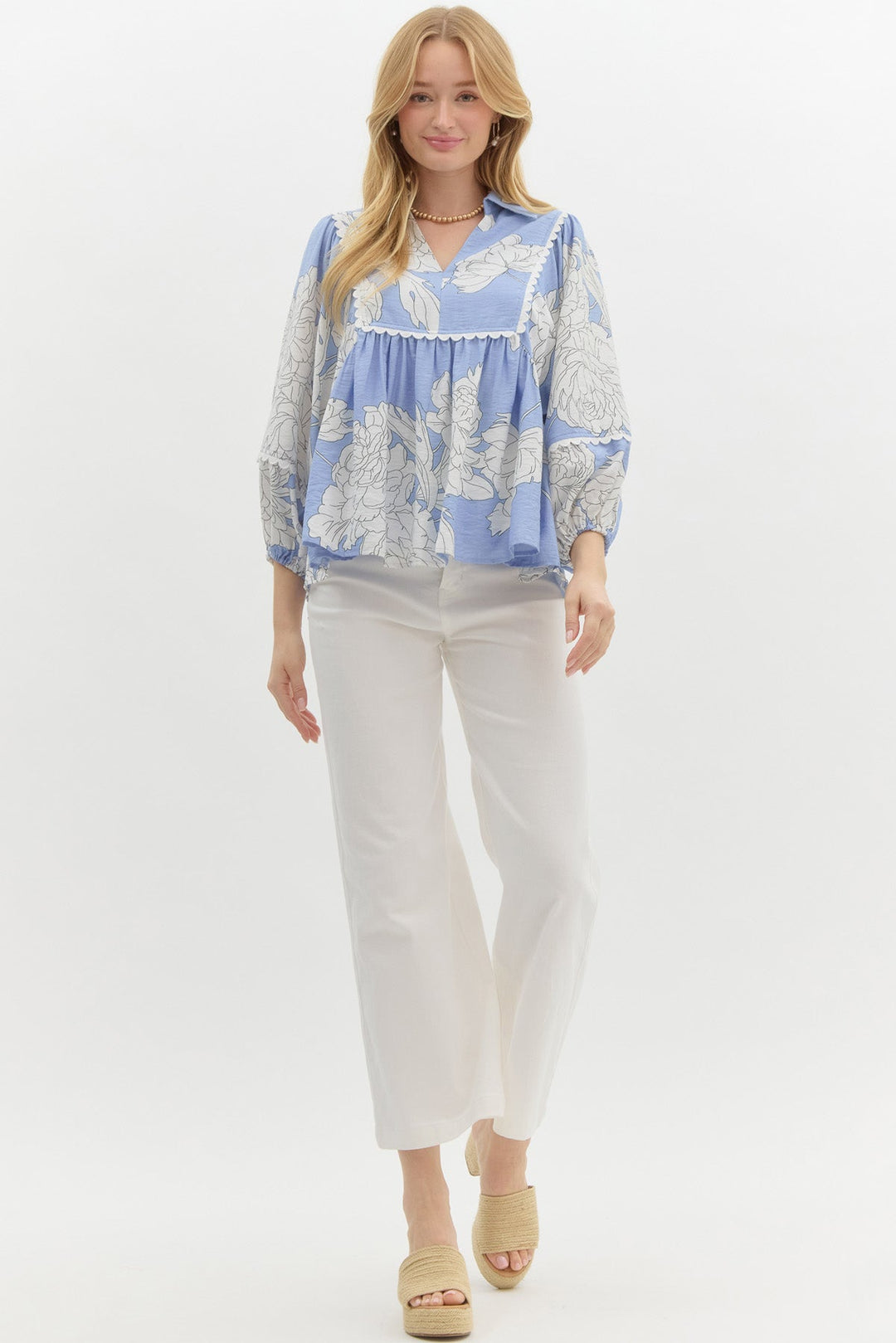 Floral V - Neck Top W/Scallop Trim - Lush Lemon - Women's Clothing - Entro - 