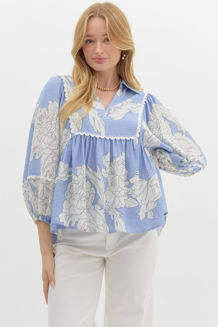 Floral V - Neck Top W/Scallop Trim - Lush Lemon - Women's Clothing - Entro - 
