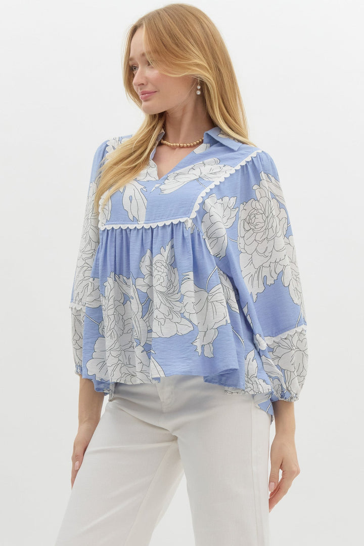 Floral V - Neck Top W/Scallop Trim - Lush Lemon - Women's Clothing - Entro - 