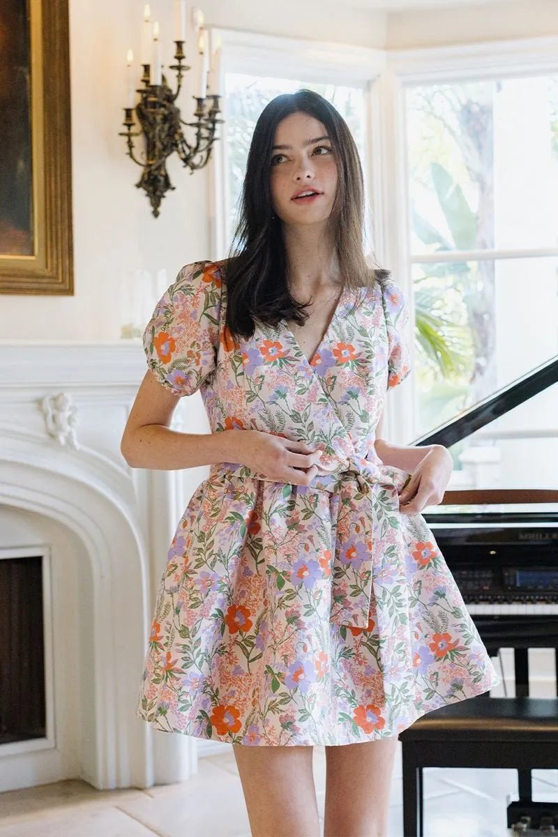 Floral Wrap Flare Dress W/ Waist Bow - Lush Lemon - Women's Clothing - B.Right Apparel - 65718441048061