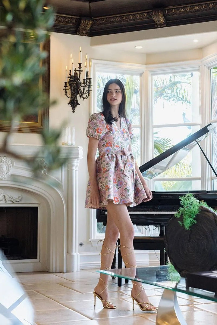 Floral Wrap Flare Dress W/ Waist Bow - Lush Lemon - Women's Clothing - B.Right Apparel - 65718441048061