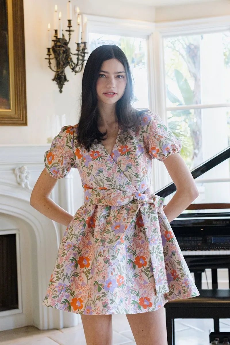 Floral Wrap Flare Dress W/ Waist Bow - Lush Lemon - Women's Clothing - B.Right Apparel - 65718441048061