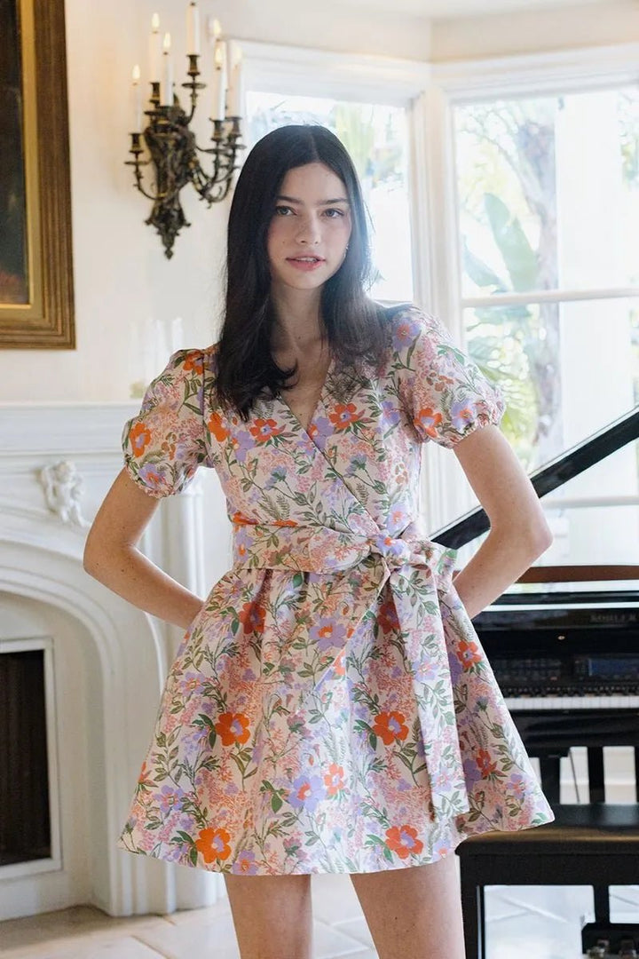 Floral Wrap Flare Dress W/ Waist Bow - Lush Lemon - Women's Clothing - B.Right Apparel - 65718441048061