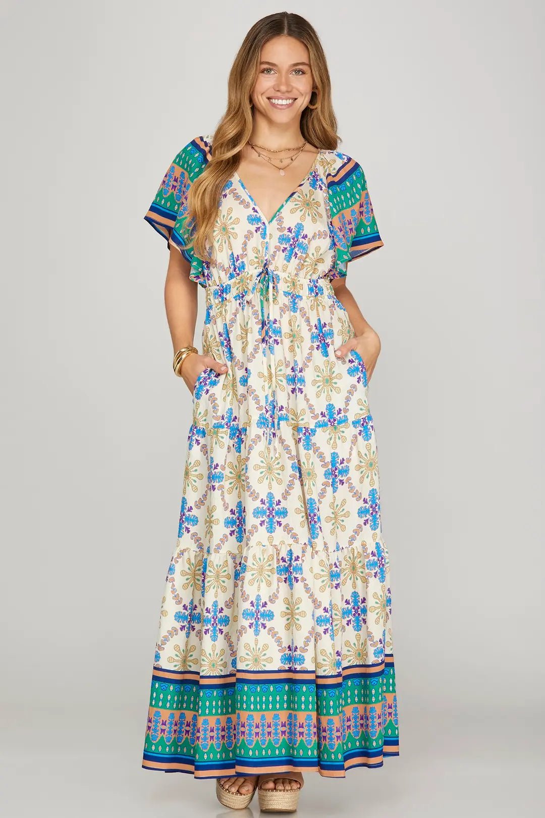 Flutter Sleeve Tiered Maxi Dress - Lush Lemon - Women's Clothing - She + Sky - 61185021016221