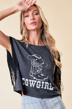 Fringe Cowgirl Graphic Tee - Lush Lemon - Women&