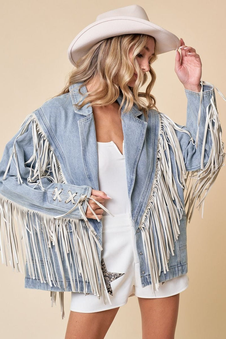 Fringe Denim Jacket - Lush Lemon - Women's Clothing - Saints & Hearts - 38069991049309