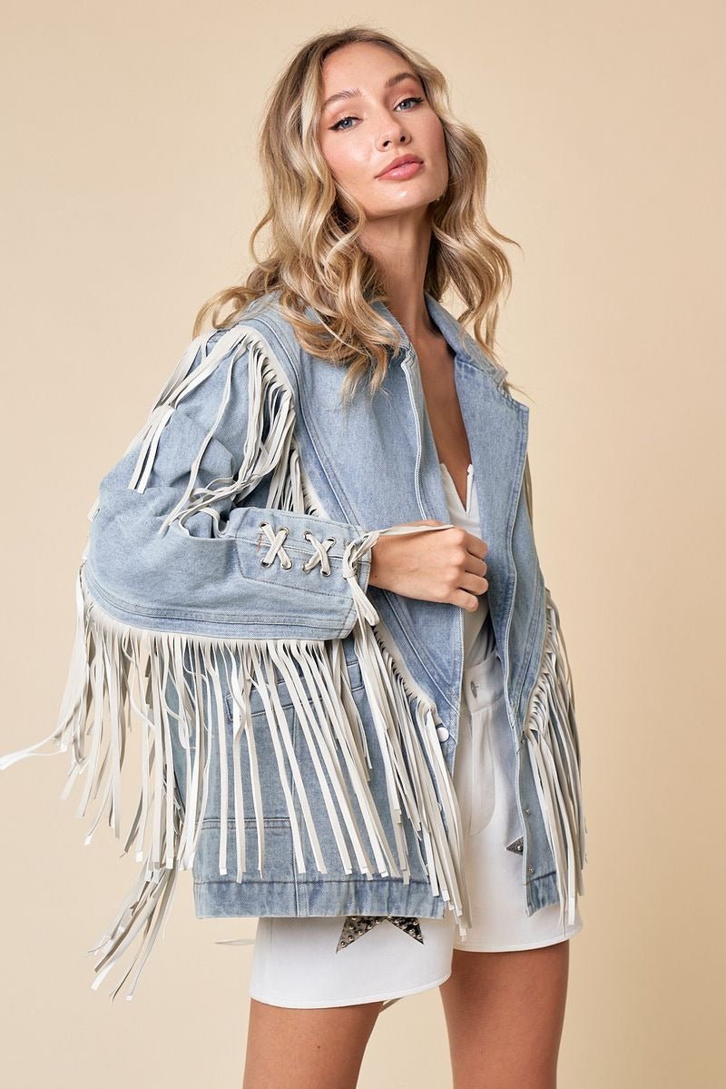 Fringe Denim Jacket - Lush Lemon - Women's Clothing - Saints & Hearts - 38069991049309