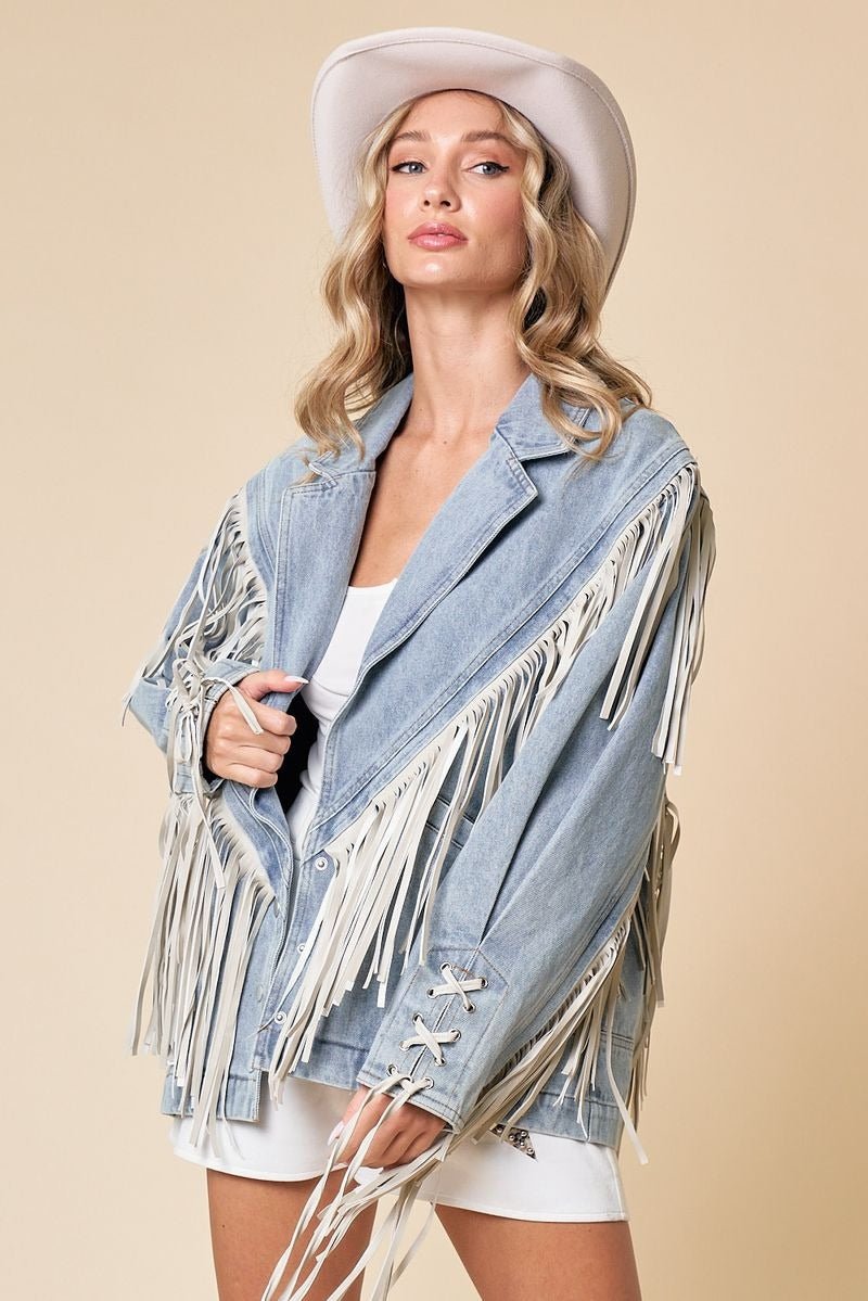 Fringe Denim Jacket - Lush Lemon - Women's Clothing - Saints & Hearts - 38069991049309