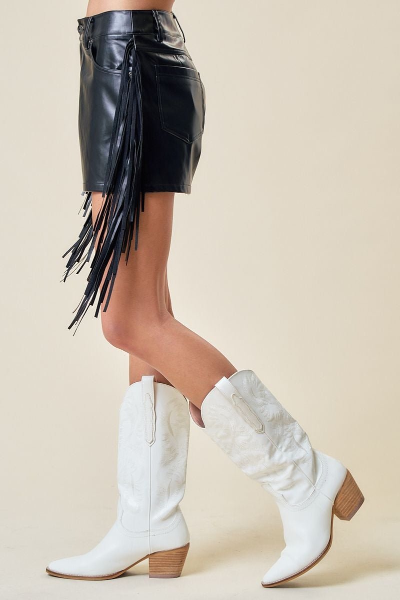 Fringe Faux Leather Shorts - Lush Lemon - Women's Clothing - Saints & Hearts - 93385791093661