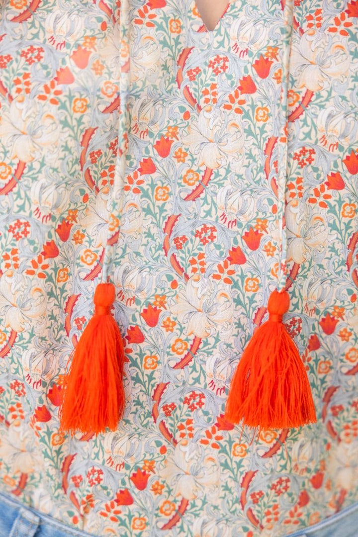 Front Self Tie Tassel Fringe Floral Top - Lush Lemon - Women's Clothing - Voy - 90900471086909