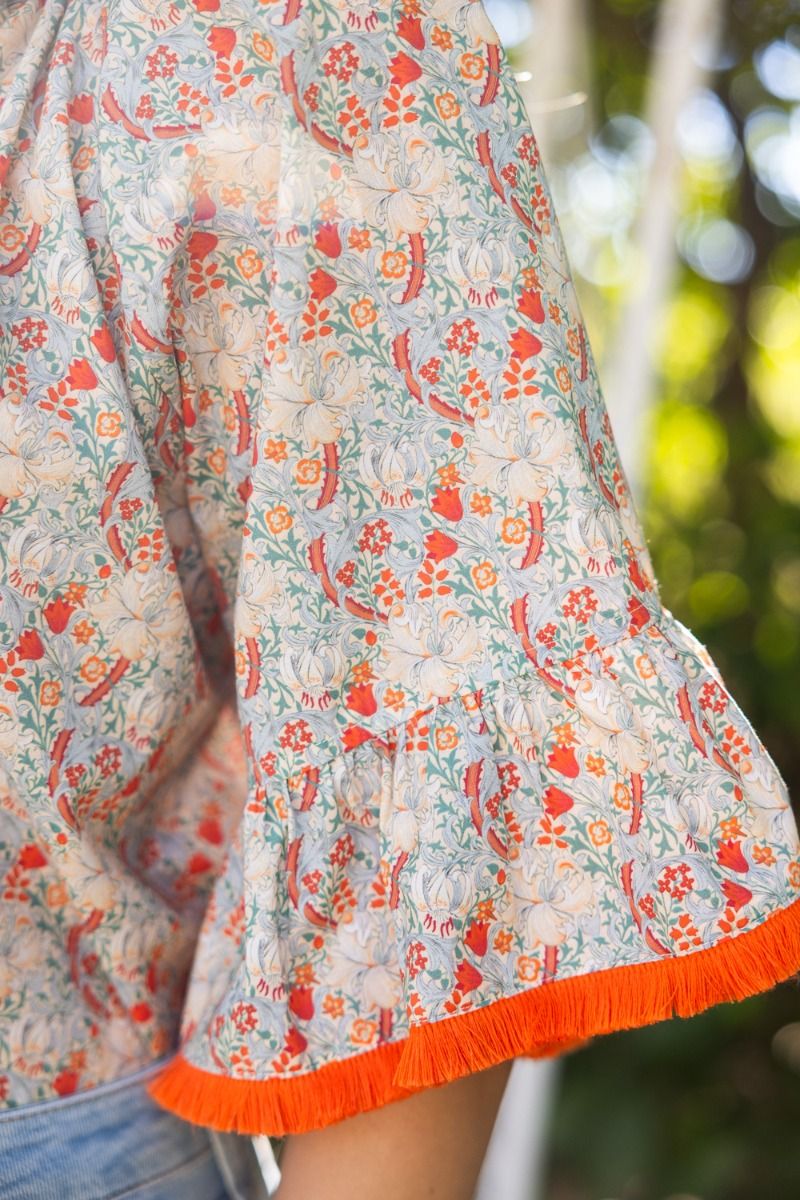 Front Self Tie Tassel Fringe Floral Top - Lush Lemon - Women's Clothing - Voy - 90900471086909