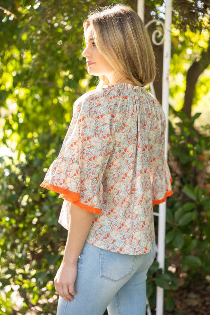 Front Self Tie Tassel Fringe Floral Top - Lush Lemon - Women's Clothing - Voy - 90900471086909